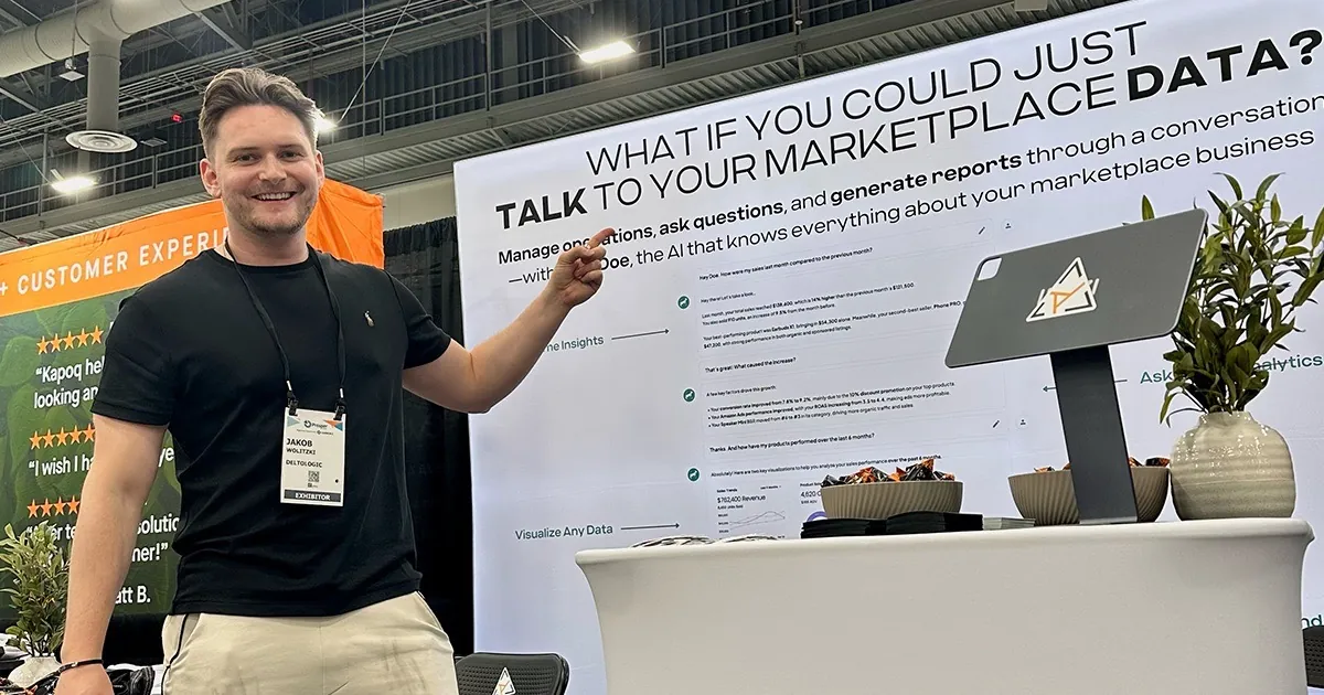 Deltologic showcasing their new AI-powered product, DataDoe, at the Prosper Show conference in Las Vegas.